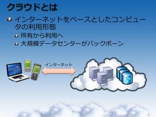 クラウドとは
゗ンターネットをベースとしたコンピュー
タの利用形態
 所有から利用へ
 大規模データセンターがバックボーン


     ゗ンターネット




                      5
 