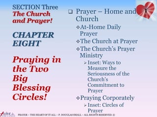 PRAYER – THE HEART OF IT ALL – P. DOUGLAS SMALL – ALL RIGHTS RESERVED. ©
SECTION Three
The Church
and Prayer!
CHAPTER
EIGHT
 Prayer – Home and
Church
At-Home Daily
Prayer
The Church at Prayer
The Church’s Prayer
Ministry
Inset: Ways to
Measure the
Seriousness of the
Church’s
Commitment to
Prayer
Praying Corporately
Inset: Circles of
Prayer
Praying in
the Two
Big
Blessing
Circles!
 