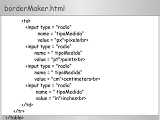 borderMaker.html
<td>
<input type = "radio“
name = “tipoMedida“
value = "px">pixels<br>
<input type = "radio“
name = " tipoMedida“
value = "pt">points<br>
<input type = "radio“
name = " tipoMedida“
value = "cm">centimeters<br>
<input type = "radio“
name = " tipoMedida“
value = "in">inches<br>
</td>
</tr>
</table>
 
