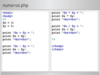 numeros.php
<html>
<body>
<?
$x = 3;
$y = 5;
print "$x + $y = ";
print $x + $y;
print "<br><br>";
print "$x - $y = ";
print $x - $y;
print "<br><br>";
print "$x * $y = ";
print $x * $y;
print "<br><br>";
print "$x / $y = ";
print $x / $y;
print "<br><br>";
?>
</body>
</html>
 