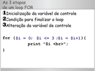 As 3 etapas
de um loop FOR
•  Inicialização da variável de controle
•  Condição para finalizar o loop
•  Alteração da variável de controle
for ( ; ; ){
print "$i <br>";
}
$i = 0 $i <= 3 $i = $i+1
 