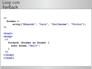 Loop com
forEach
<?
$nomes =
array("Eduardo", "Luiz", "Guilherme", "Victor");
?>
<html>
<body>
<?
foreach ($nomes as $nome) {
echo $nome."<br/>";
}
?>
</body>
</html>
 