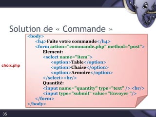 Solution de « Commande »35<body> <h4>Faite votre commande</h4> <formaction="commande.php" method="post"> Elément:<select name="item"> <option>Table</option> <option>Chaise</option> <option>Armoire</option> </select><br/> Quantité: <input name="quantity" type="text" /> <br/><input type="submit" value="Envoyer "/></form> </body>choix.php
