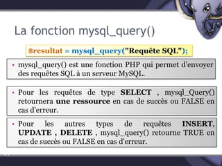 Pour les autres types de requêtes INSERT, UPDATE , DELETE , mysql_query() retourne TRUE en cas de succès ou FALSE en cas d'erreur.56