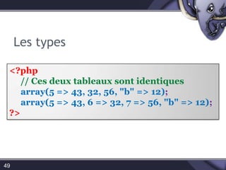 Les types44<?php$a = 1234; // nombre entier en base 10$a = -123; // nombre entier négatif$a = 0123;// nombre entier en base 8				//(équivalent à 83 en base 10)$a = 0x1A; //nombre entier en base 16           			//(équivalent à 26 en base 10)?>