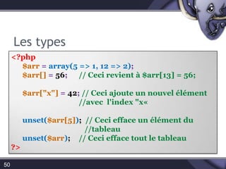 Les types4 – NULLLa valeur spéciale NULL représente l'absence de valeur. Une variable avec la valeur NULL n'a pas de valeur.3 – Les chaines de caractère	Les chaînes de caractères sont des séquences de caractères. En PHP, un caractère est un octet et il y en a 256 de possibles.45