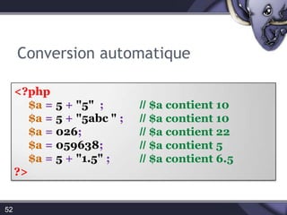 Les types5 -  Les tableauxUn tableau PHP est une association ordonnée : un type qui fait correspondre des valeurs à des clés . Un tableau peut être créé avec la fonction array .