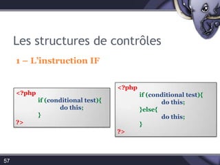 Les conversions des types51var_dump() : renvoit le contenu de la variable<?php$a = 5.5;// $a contient 5.5 ( type float)$b = (int) 5.5;	// $a contient 5 (type int)var_dump(25/7); // float(3.5714285714286)var_dump((int) (25/7)); // int(3)var_dump(round(25/7)); // float(4)?>