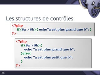 Conversion automatique52<?php$a=5 + "5"  ; $a =5 + "5abc " ;$a =026;$a =059638;$a =5 +"1.5";?>// $a contient 10// $a contient 10// $a contient 22// $a contient 5// $a contient 6.5