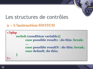 La fonction « echo » 53<?phpecho'Ceci est une chaîne simple';// Affiche : Ceci est une chaîne simpleecho'Arnold a coutume de dire : "I\'ll be back" ';// Affiche : Arnold a coutume de dire "I'llbeback"  $nom=Arnold;echo'Bonjour $nom';// Affiche : Bonjour, $nomecho"Bonjour $nom";// Affiche : bonjour Arnold?>
