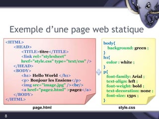 Exemple d’une page web statique8<HTML>        <HEAD><TITLE>titre</TITLE><linkrel="stylesheet" href="style.css" type="text/css" /></HEAD><BODY><h1> Hello World </h1><p> Bonjour les Ensiens</p>	<imgsrc="image.jpg" /><br/>	<a href="page2.html" >page2</a></BODY></HTML>body{background: green ;}h1{color : white;}p{font-family: Arial;text-align: left;   font-weight: bold;text-decoration: none ;   font-size: 13px ;}style.csspage.html