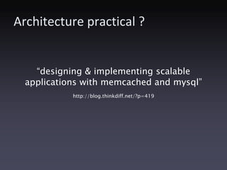Architecture practical ?


    “designing & implementing scalable
  applications with memcached and mysql”
            http://blog.thinkdiff.net/?p=419
 
