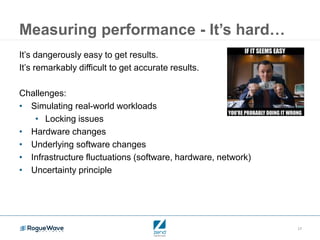 17
Measuring performance - It’s hard…
It’s dangerously easy to get results.
It’s remarkably difficult to get accurate results.
Challenges:
• Simulating real-world workloads
• Locking issues
• Hardware changes
• Underlying software changes
• Infrastructure fluctuations (software, hardware, network)
• Uncertainty principle
 