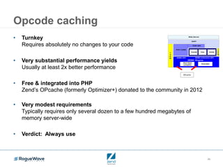26
Opcode caching
OPcache
• Turnkey
Requires absolutely no changes to your code
• Very substantial performance yields
Usually at least 2x better performance
• Free & integrated into PHP
Zend’s OPcache (formerly Optimizer+) donated to the community in 2012
• Very modest requirements
Typically requires only several dozen to a few hundred megabytes of
memory server-wide
• Verdict: Always use
 