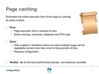 35
Page caching
Eliminates the entire execution time of the page by caching
its entire content.
• Pros:
• Page execution time is reduced to zero
• Saves memory, resources, database and CPU load
• Cons:
• Only suitable in situations where an entire rendered page can be
repeatedly served more than once for long periods of time.
• Requires configuration
• Verdict: By far the best performance booster, use whenever possible.
 