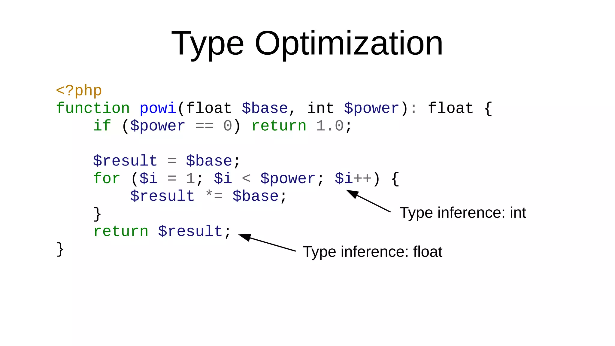 Type Optimization
<?php
function powi(float $base, int $power): float {
if ($power == 0) return 1.0;
$result = $base;
for ($i = 1; $i < $power; $i++) {
$result *= $base;
}
return $result;
}
Type inference: int
Type inference: float
 