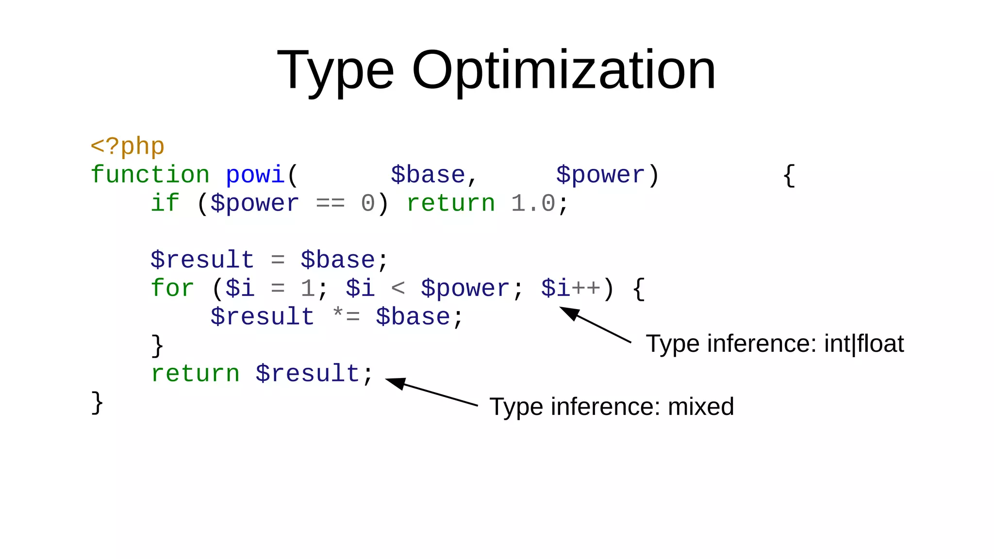 Type Optimization
<?php
function powi( $base, $power) {
if ($power == 0) return 1.0;
$result = $base;
for ($i = 1; $i < $power; $i++) {
$result *= $base;
}
return $result;
}
Type inference: int|float
Type inference: mixed
 