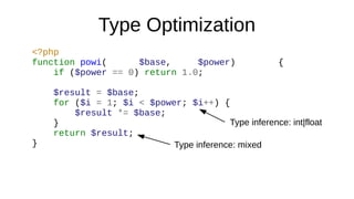 Type Optimization
<?php
function powi( $base, $power) {
if ($power == 0) return 1.0;
$result = $base;
for ($i = 1; $i < $power; $i++) {
$result *= $base;
}
return $result;
}
Type inference: int|float
Type inference: mixed
 