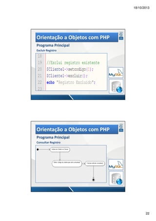18/10/2013

Orientação a Objetos com PHP
Programa Principal
Excluir Registro

Orientação a Objetos com PHP
Programa Principal
Consultar Registro

22

 