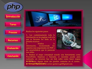 Introducción


   Tarea

               Realiza los siguientes pasos:
  Proceso
               1.- Lee cuidadosamente toda la
               información en las paginas web a la
               que te llevaran los links en la
 Recursos      pestaña recursos.
               2.-             Analiza           la
               información,     reconociendo    los
 Evaluación    aspectos mas importantes de PHP y
               las características que te parezcan
               mas útiles.
               3.- Realiza el mapa conceptual usando una herramienta como
 Conclusión    PowerPoint, Impresas o Keynote, si necesitas ayuda para
               realizarlo, en recursos hay un link sobre como hacer mapas
               mentales.
               4.- Si tienes alguna duda me pueden contactar en el correo:
               gustavo.gelf@gmail.com. correo: gustavo.gelf@gmail.com.
               5.- Envía el documento al
 