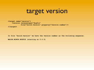 target version
<target name="version">
    <version releasetype="Bugfix"
             file="build.version" property="versi...