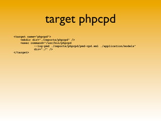 target phpcpd
<target name="phpcpd">
    <mkdir dir="./reports/phpcpd" />
    <exec command="/usr/bin/phpcpd
            -...
