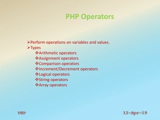 PHP Operators
Perform operations on variables and values.
Types
Arithmetic operators
Assignment operators
Comparison operators
Increment/Decrement operators
Logical operators
String operators
Array operators
 