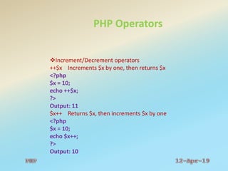 PHP Operators
Increment/Decrement operators
++$x Increments $x by one, then returns $x
<?php
$x = 10;
echo ++$x;
?>
Output: 11
$x++ Returns $x, then increments $x by one
<?php
$x = 10;
echo $x++;
?>
Output: 10
 