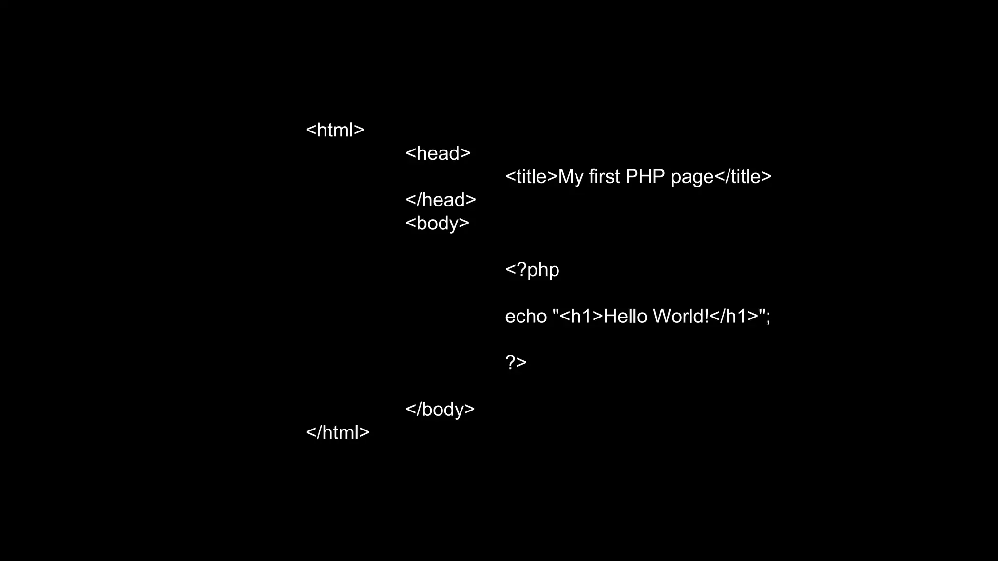 <html> 
<head> 
<title>My first PHP page</title> 
</head> 
<body> 
<?php 
echo "<h1>Hello World!</h1>"; 
?> 
</body> 
</html> 
 