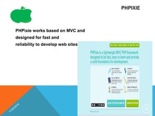 PHPIXIE
PHPixie works based on MVC and
designed for fast and
reliability to develop web sites.
23
 