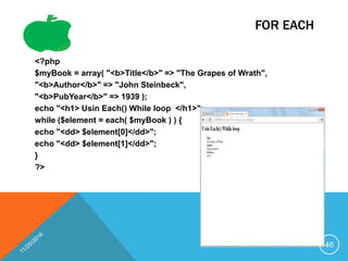 FOR EACH
<?php
$myBook = array( "<b>Title</b>" => "The Grapes of Wrath",
"<b>Author</b>" => "John Steinbeck",
"<b>PubYear</b>" => 1939 );
echo "<h1> Usin Each() While loop </h1>";
while ($element = each( $myBook ) ) {
echo "<dd> $element[0]</dd>";
echo "<dd> $element[1]</dd>";
}
?>
46
 