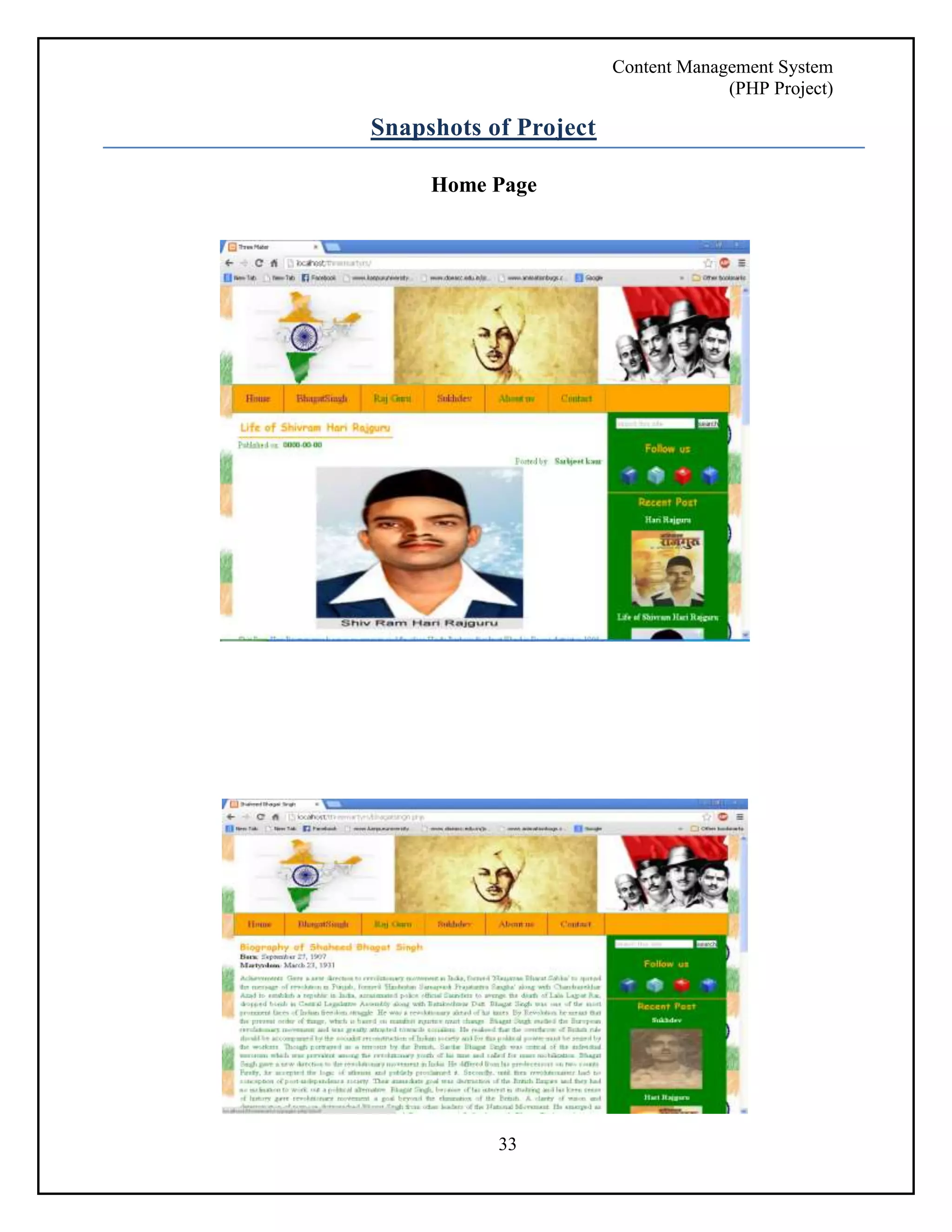 Content Management System 
(PHP Project) 
Snapshots of Project 
Home Page 
33 
 