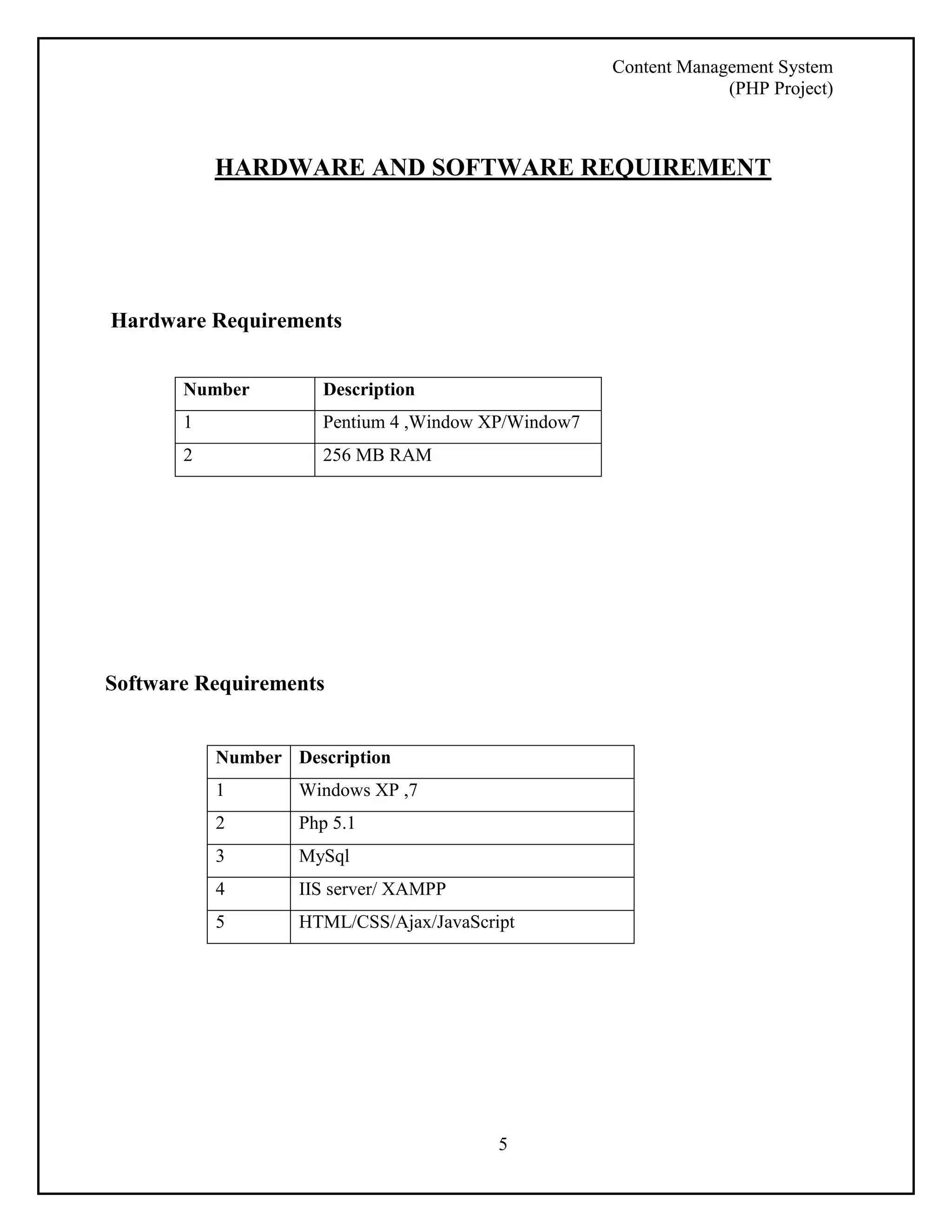 Content Management System 
(PHP Project) 
HARDWARE AND SOFTWARE REQUIREMENT 
5 
Hardware Requirements 
Number Description 
1 Pentium 4 ,Window XP/Window7 
2 256 MB RAM 
Software Requirements 
Number Description 
1 Windows XP ,7 
2 Php 5.1 
3 MySql 
4 IIS server/ XAMPP 
5 HTML/CSS/Ajax/JavaScript 
 
