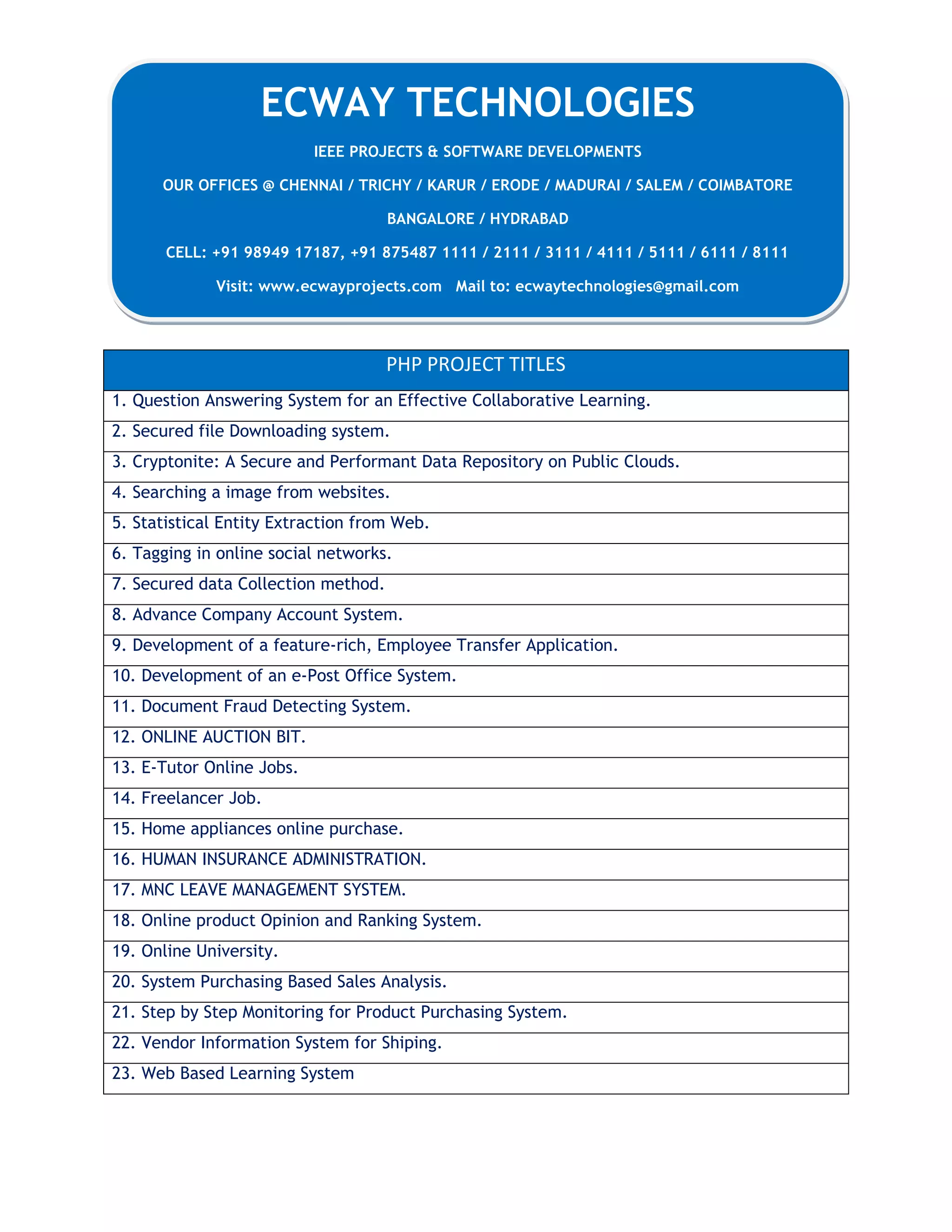 ECWAY TECHNOLOGIES
IEEE PROJECTS & SOFTWARE DEVELOPMENTS
OUR OFFICES @ CHENNAI / TRICHY / KARUR / ERODE / MADURAI / SALEM / COIMBATORE
BANGALORE / HYDRABAD
CELL: +91 98949 17187, +91 875487 1111 / 2111 / 3111 / 4111 / 5111 / 6111 / 8111
Visit: www.ecwayprojects.com Mail to: ecwaytechnologies@gmail.com
PHP PROJECT TITLES
1. Question Answering System for an Effective Collaborative Learning.
2. Secured file Downloading system.
3. Cryptonite: A Secure and Performant Data Repository on Public Clouds.
4. Searching a image from websites.
5. Statistical Entity Extraction from Web.
6. Tagging in online social networks.
7. Secured data Collection method.
8. Advance Company Account System.
9. Development of a feature-rich, Employee Transfer Application.
10. Development of an e-Post Office System.
11. Document Fraud Detecting System.
12. ONLINE AUCTION BIT.
13. E-Tutor Online Jobs.
14. Freelancer Job.
15. Home appliances online purchase.
16. HUMAN INSURANCE ADMINISTRATION.
17. MNC LEAVE MANAGEMENT SYSTEM.
18. Online product Opinion and Ranking System.
19. Online University.
20. System Purchasing Based Sales Analysis.
21. Step by Step Monitoring for Product Purchasing System.
22. Vendor Information System for Shiping.
23. Web Based Learning System