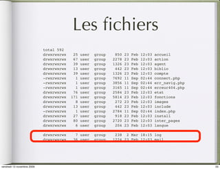 Les ﬁchiers
                            total 592
                            drwxrwxrwx    25   user   group    850   23   Feb   12:03   accueil
                            drwxrwxrwx    67   user   group   2278   23   Feb   12:03   action
                            drwxrwxrwx    39   user   group   1326   23   Feb   12:03   agent
                            drwxrwxrwx    13   user   group    442   23   Feb   12:03   biblio
                            drwxrwxrwx    39   user   group   1326   23   Feb   12:03   compte
                            -rwxrwxrwx     1   user   group   7692   11   Sep   02:44   connect.php
                            -rwxrwxrwx     1   user   group   3856   11   Sep   02:44   err_navig.php
                            -rwxrwxrwx     1   user   group   3165   11   Sep   02:44   erreur404.php
                            drwxrwxrwx    76   user   group   2584   23   Feb   12:03   etat
                            drwxrwxrwx   171   user   group   5814   23   Feb   12:03   fonctions
                            drwxrwxrwx     8   user   group    272   23   Feb   12:03   images
                            drwxrwxrwx    13   user   group    442   23   Feb   12:03   include
                            -rwxrwxrwx     1   user   group   2784   11   Sep   02:44   index.php
                            drwxrwxrwx    27   user   group    918   23   Feb   12:03   install
                            drwxrwxrwx    80   user   group   2720   23   Feb   12:03   inter_pages
                            drwxrwxrwx     6   user   group    204   23   Feb   12:03   langue
                            …
                            drwxrwxrwx     7 user     group    238 2 Mar 18:15 log
                            drwxrwxrwx    36 user     group   1224 23 Feb 12:03 mail




vendredi 13 novembre 2009                                                                               55
 