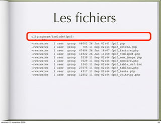 Les ﬁchiers
                            cligraphcrm/include/fpdf:
                            total 376
                            -rwxrwxrwx   1 user group   46002   26   Jan   02:41   fpdf.php
                            -rwxrwxrwx   1 user group     705   11   Sep   02:44   fpdf_entete.php
                            -rwxrwxrwx   1 user group   47404   26   Jan   18:07   fpdf_facture.php
                            -rwxrwxrwx   1 user group   14922   26   Jan   14:50   fpdf_html2pdf.php
                            -rwxrwxrwx   1 user group    5238   11   Sep   02:44   fpdf_mem_image.php
                            -rwxrwxrwx   1 user group    7629   11   Sep   02:44   fpdf_memoire.php
                            -rwxrwxrwx   1 user group    1243   11   Sep   02:44   fpdf_table_def.inc
                            -rwxrwxrwx   1 user group   27075   11   Sep   02:44   fpdf_tableau.php
                            -rwxrwxrwx   1 user group    4317   11   Sep   02:44   fpdf_texte.php
                            -rwxrwxrwx   1 user group   12852   11   Sep   02:44   fpdf_writetag.php




vendredi 13 novembre 2009                                                                               56
 