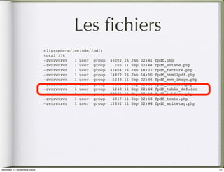 Les ﬁchiers
                            cligraphcrm/include/fpdf:
                            total 376
                            -rwxrwxrwx   1 user group   46002   26   Jan   02:41   fpdf.php
                            -rwxrwxrwx   1 user group     705   11   Sep   02:44   fpdf_entete.php
                            -rwxrwxrwx   1 user group   47404   26   Jan   18:07   fpdf_facture.php
                            -rwxrwxrwx   1 user group   14922   26   Jan   14:50   fpdf_html2pdf.php
                            -rwxrwxrwx   1 user group    5238   11   Sep   02:44   fpdf_mem_image.php
                            -rwxrwxrwx   1 user group    7629   11   Sep   02:44   fpdf_memoire.php
                            -rwxrwxrwx   1 user group    1243   11   Sep   02:44   fpdf_table_def.inc
                            -rwxrwxrwx   1 user group   27075   11   Sep   02:44   fpdf_tableau.php
                            -rwxrwxrwx   1 user group    4317   11   Sep   02:44   fpdf_texte.php
                            -rwxrwxrwx   1 user group   12852   11   Sep   02:44   fpdf_writetag.php




vendredi 13 novembre 2009                                                                               57
 
