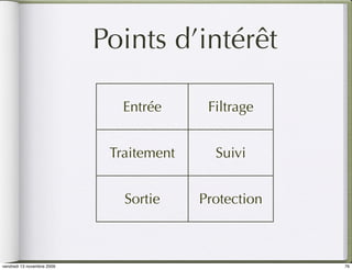 Points d’intérêt

                               Entrée      Filtrage


                             Traitement     Suivi


                               Sortie     Protection



vendredi 13 novembre 2009                              76
 