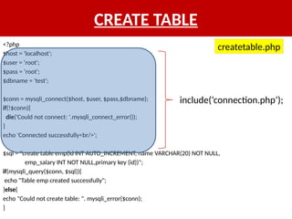 CREATE TABLE
<?php
$host = 'localhost';
$user = ‘root';
$pass = ‘root';
$dbname = 'test';
$conn = mysqli_connect($host, $user, $pass,$dbname);
if(!$conn){
die('Could not connect: '.mysqli_connect_error());
}
echo 'Connected successfully<br/>';
$sql = "create table emp(id INT AUTO_INCREMENT, name VARCHAR(20) NOT NULL,
emp_salary INT NOT NULL,primary key (id))";
if(mysqli_query($conn, $sql)){
echo "Table emp created successfully";
}else{
echo "Could not create table: ". mysqli_error($conn);
}
include(‘connection.php’);
createtable.php
 