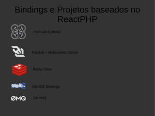Bindings e Projetos baseados no
ReactPHP
'
PHP-AR-DRONE
Ratchet – Websockets Server
Redis Client
DNODE Bindings
ZeroMQ
 
