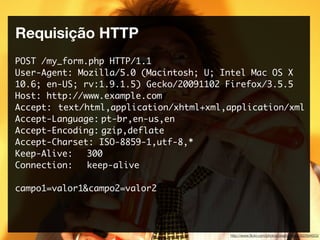 Requisição HTTP
POST /my_form.php HTTP/1.1
User-Agent: Mozilla/5.0 (Macintosh; U; Intel Mac OS X
10.6; en-US; rv:1.9.1.5) Gecko/20091102 Firefox/3.5.5
Host: http://www.example.com
Accept:	 text/html,application/xhtml+xml,application/xml
Accept-Language:	pt-br,en-us,en
Accept-Encoding:	gzip,deflate
Accept-Charset: ISO-8859-1,utf-8,*
Keep-Alive:	 300
Connection:	 keep-alive

campo1=valor1&campo2=valor2




                                         http://www.ﬂickr.com/photos/practicalowl/392894653/
 