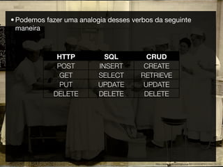 • Podemos fazer uma analogia desses verbos da seguinte
  maneira



             HTTP           SQL         CRUD
             POST         INSERT       CREATE
              GET         SELECT      RETRIEVE
              PUT         UPDATE       UPDATE
            DELETE        DELETE       DELETE




                                           http://www.ﬂickr.com/photos/99129398@N00/255783151
 