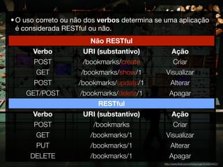 • O uso correto ou não dos verbos determina se uma aplicação
  é considerada RESTful ou não.
                        Não RESTful
      Verbo          URI (substantivo)             Ação
       POST          /bookmarks/create               Criar
       GET           /bookmarks/show/1         Visualizar
       POST         /bookmarks/update/1           Alterar
    GET/POST         /bookmarks/delete/1          Apagar
                          RESTful
      Verbo          URI (substantivo)             Ação
       POST              /bookmarks                  Criar
       GET              /bookmarks/1           Visualizar
       PUT              /bookmarks/1              Alterar
     DELETE             /bookmarks/1              Apagar
                                              http://www.ﬂickr.com/photos/ogil/2540634421/
 