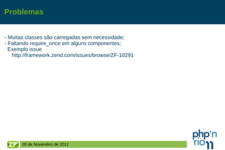 Problemas - Muitas classes são carregadas sem necessidade; - Faltando require_once em alguns componentes; Exemplo issue http://framework.zend.com/issues/browse/ZF-10291 05 de Novembro de 2011 