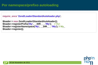 Por namespace/prefixo autoloading require_once   'Zend/Loader/StandardAutoloader.php' ; $loader =  new  Zend\Loader\StandardAutoloader(); $loader->registerPrefix( 'My' , __DIR__ .  '/My' );  // My\ $loader->registerNamespace( 'My' , __DIR__ .  '/My' );  // My _ $loader->register(); 05 de Novembro de 2011 