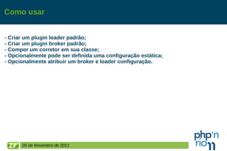 Como usar - Criar um plugin loader padrão; - Criar um plugin broker padrão; - Compor um corretor em sua classe; - Opcionalmente pode ser definida uma configuração estática; - Opcionalmente atribuir um broker e loader configuração. 05 de Novembro de 2011 