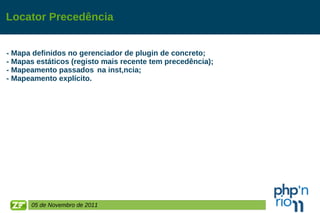 Locator Precedência - Mapa definidos no gerenciador de plugin de concreto; - Mapas estáticos (registo mais recente tem precedência); - Mapeamento passados ​​na instância; - Mapeamento explícito. 05 de Novembro de 2011 