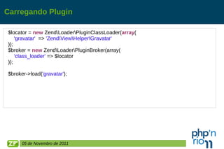 Carregando Plugin $locator =  new  Zend\Loader\PluginClassLoader( array ( 'gravatar'   =>  'Zend\View\Helper\Gravatar' )); $broker =  new  Zend\Loader\PluginBroker(array( 'class_loader'  => $locator )); $broker->load( 'gravatar' ); 05 de Novembro de 2011 
