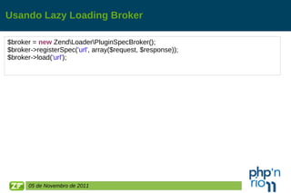 Usando Lazy Loading Broker $broker =  new  Zend\Loader\PluginSpecBroker(); $broker->registerSpec( 'url' , array($request, $response)); $broker->load( 'url' ); 05 de Novembro de 2011 