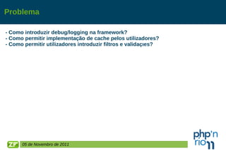 Problema - Como introduzir debug/logging na framework? - Como permitir implementação de cache pelos utilizadores? - Como permitir utilizadores introduzir filtros e validações? 05 de Novembro de 2011 